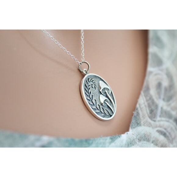 Sterling Silver Etched Mushrooms with Fern Charm Necklace - Picture 5 of 6